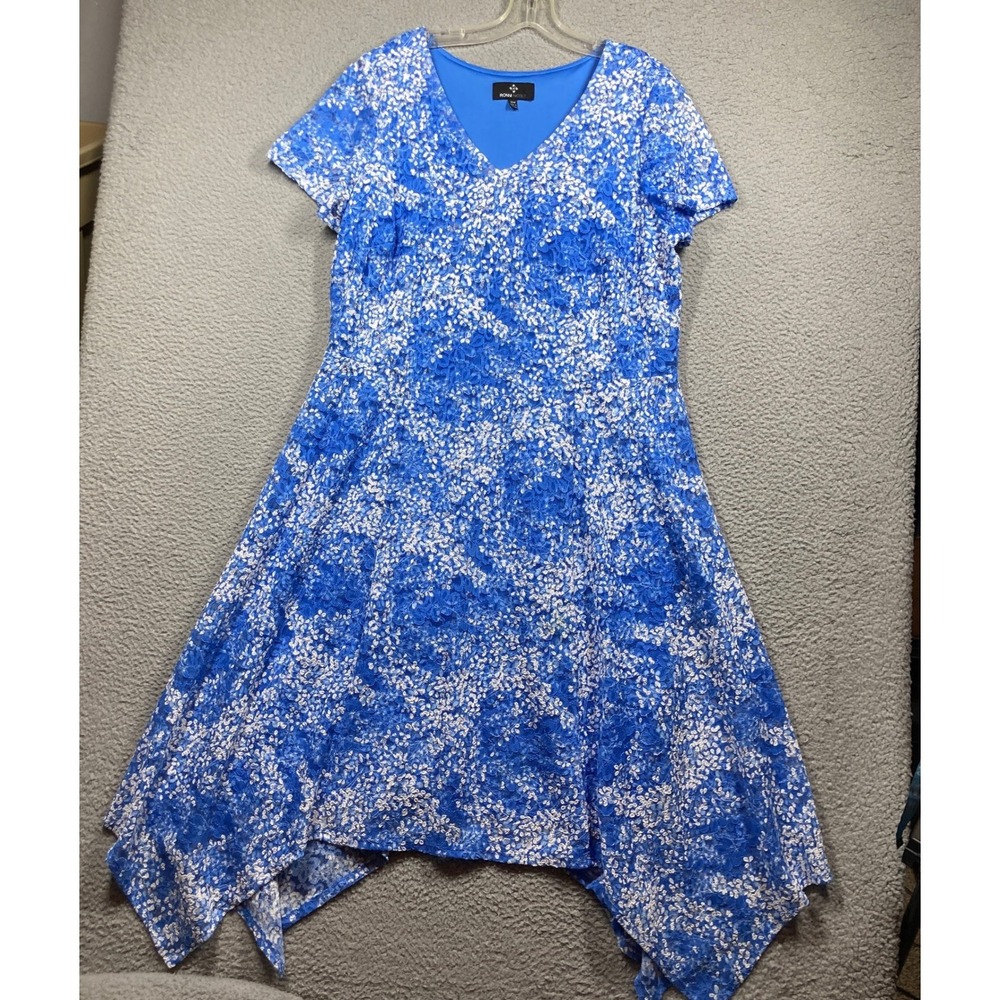 Ronni Nicole Handkerchief Hem Dress Women 18W Blue Floral Lace V-Neck Stretch